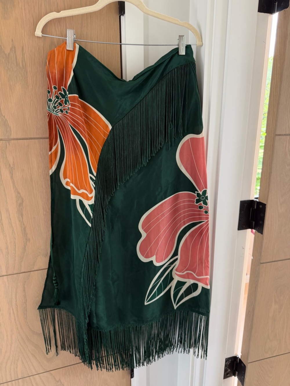 FARM Rio Dark Green Fringe Floral Satin Wrap Skirt with Pink & Orange Blooms